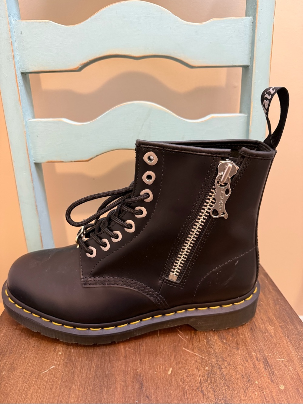 Dr. Martens Black Leather Boots with Yellow Stitching - Picture 2 of 5